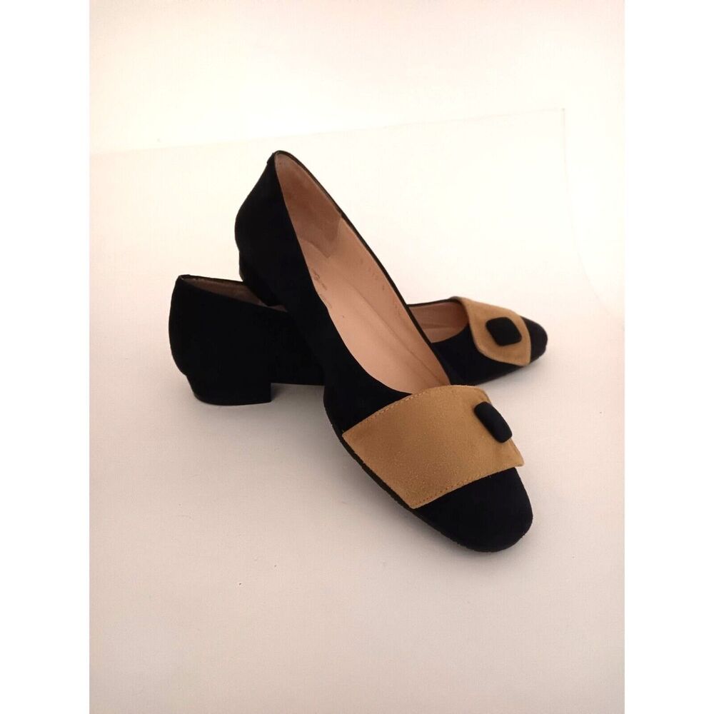 Brenda Zaro Suede Leather Low Heal Flats Dark Blue & Tan Slip On 39 1/2 (9 US)